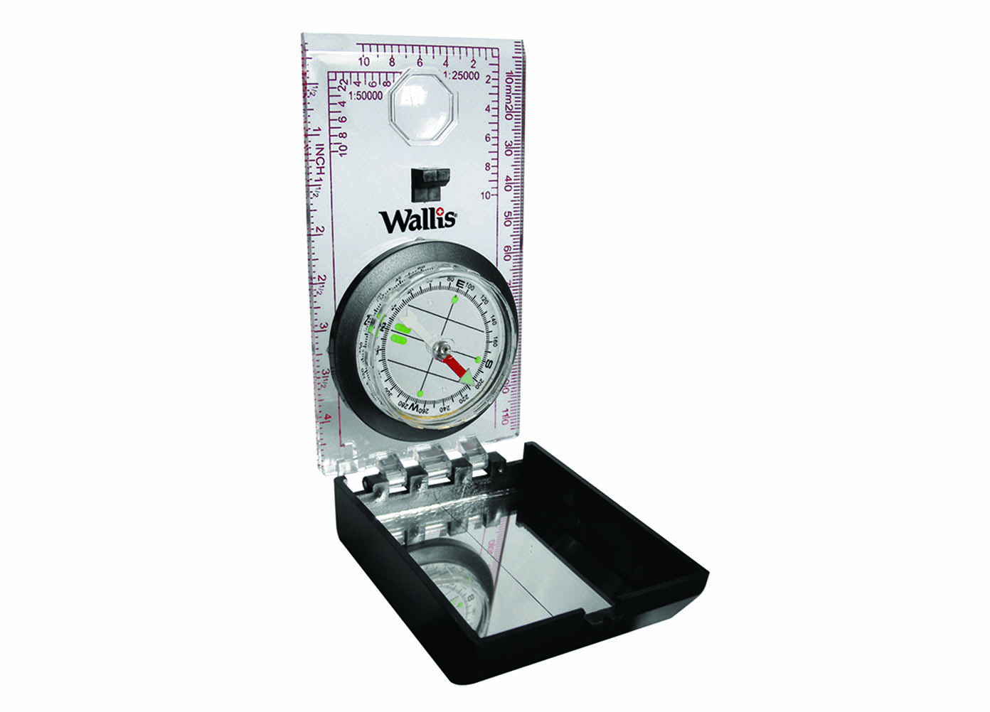 Brújula Profesional Wallis C270302 color Gris Plegable con Espejo y Cordón para Colgar Blíster