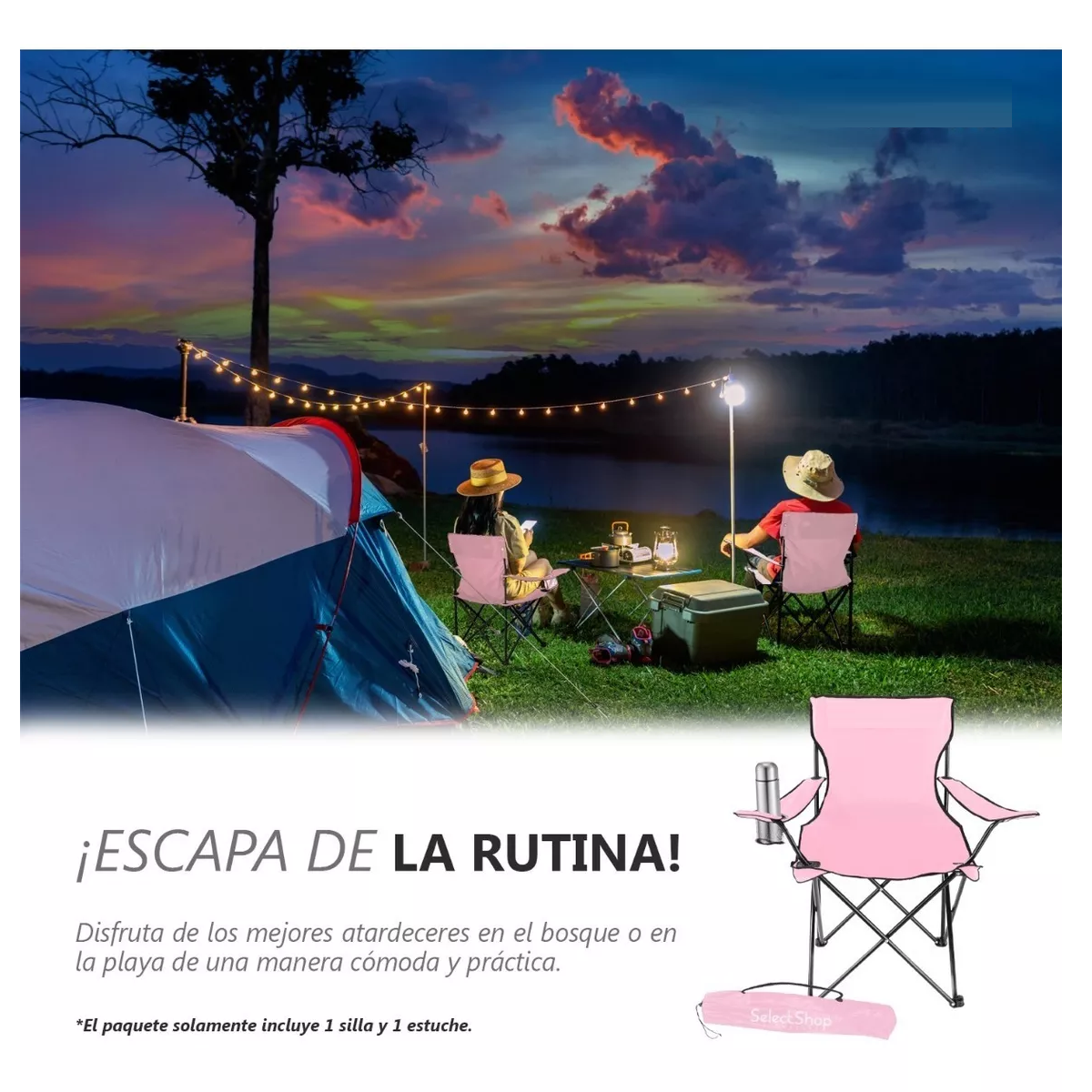 Foto 2 | Silla Plegable Playa Exteriores Funda Portavasos Camping  Eo Safe Imports Esi-11851 Rosa