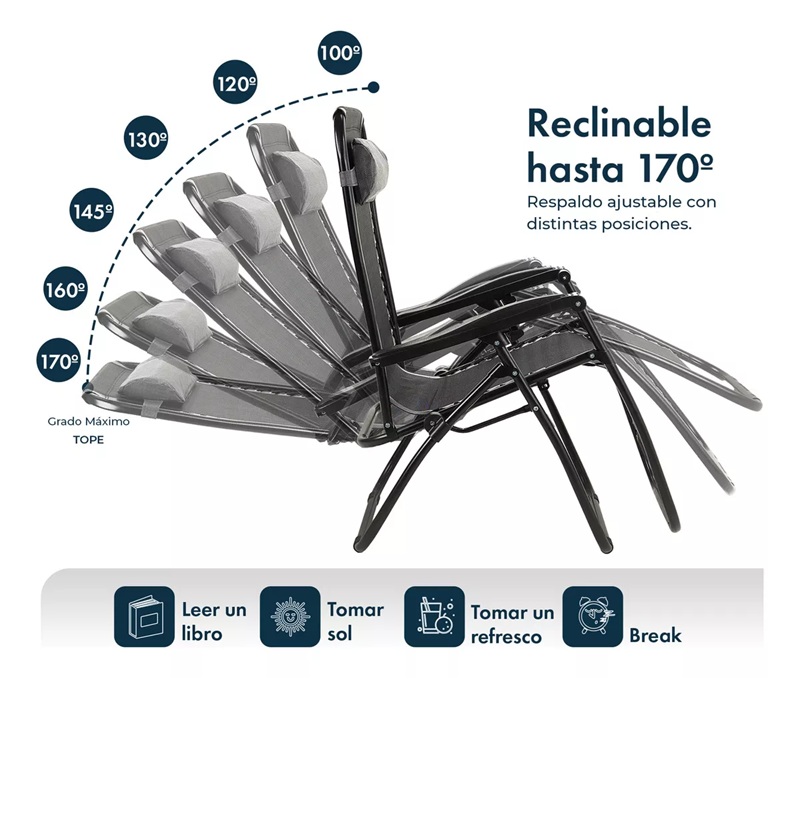 Foto 5 pulgar | Silla De Playa Camastro Plegable Alberca Reclinable Gravedad Cero