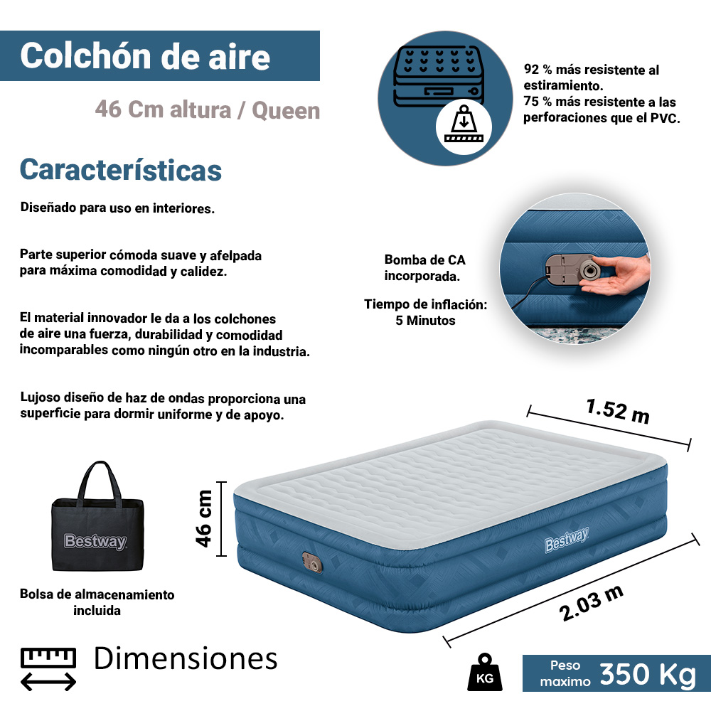 Foto 2 | Colchón Inflable Queen Size color Azul Cama Aire Con Bomba Integrada Bestway