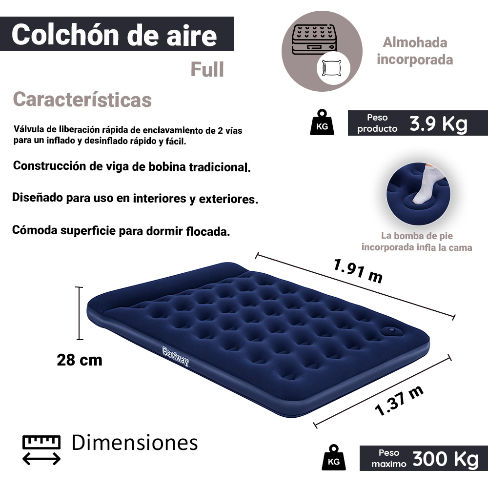 Foto 3 pulgar | Colchón Inflable Matrimonial color Azul Cama Aire Bomba Pie Integrada Bestway