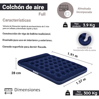 Foto 2 | Colchón Inflable Matrimonial color Azul Cama Aire Bomba Pie Integrada Bestway