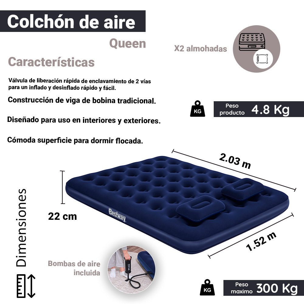 Foto 2 | Colchón Inflable Queen Size 203 Cm Con Almohadas Y Bomba Bestway