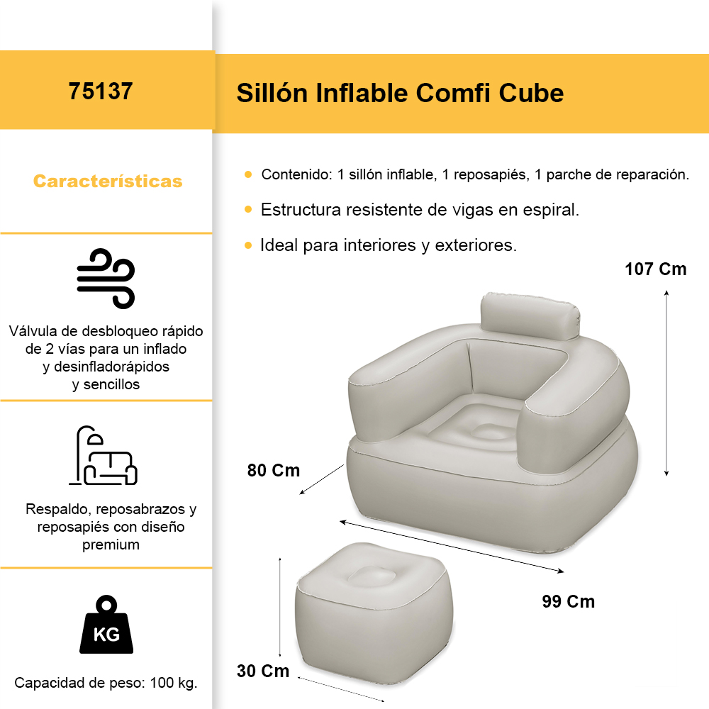 Foto 2 | Sillon Inflable Bestway Reposable Comfi Cube Calidad Premium Color Gris