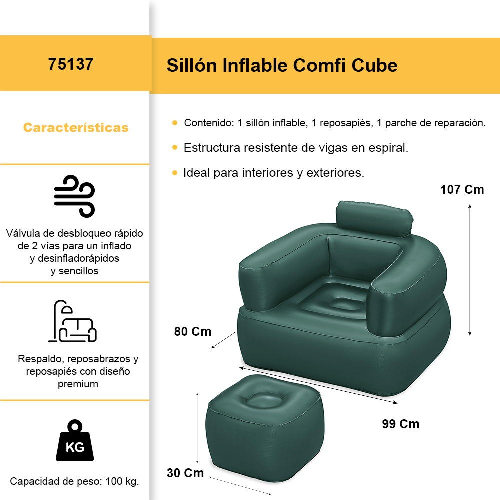 Foto 2 | Sillon Inflable Bestway Reposable Comfi Cube Calidad Premium Color Verde