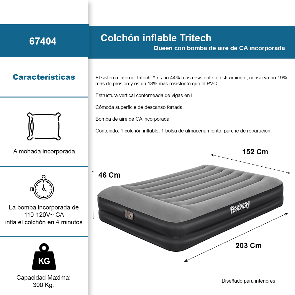 Foto 2 | Colchón Inflable Queen Size Bestway Con Almohada Y Bomba