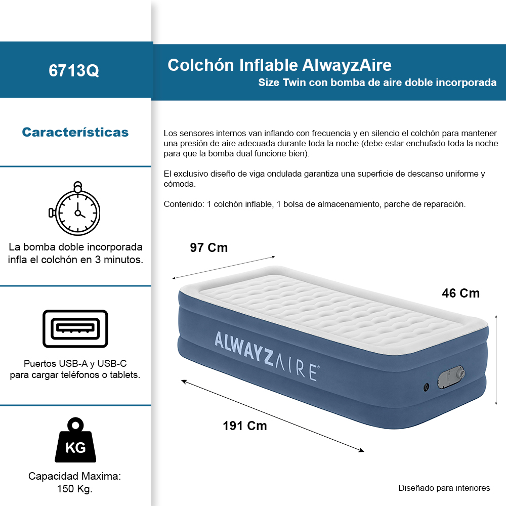 Foto 2 | Colchón Inflable Individual Tecnología Alwayzaire Bestway Con Bomba Integrada