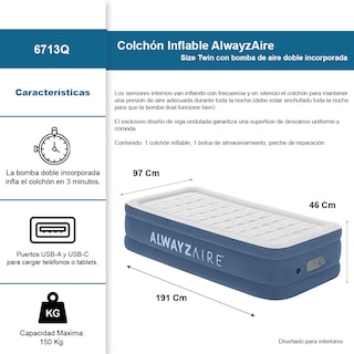 Foto 2 | Colchón Inflable Individual Tecnología Alwayzaire Bestway Con Bomba Integrada