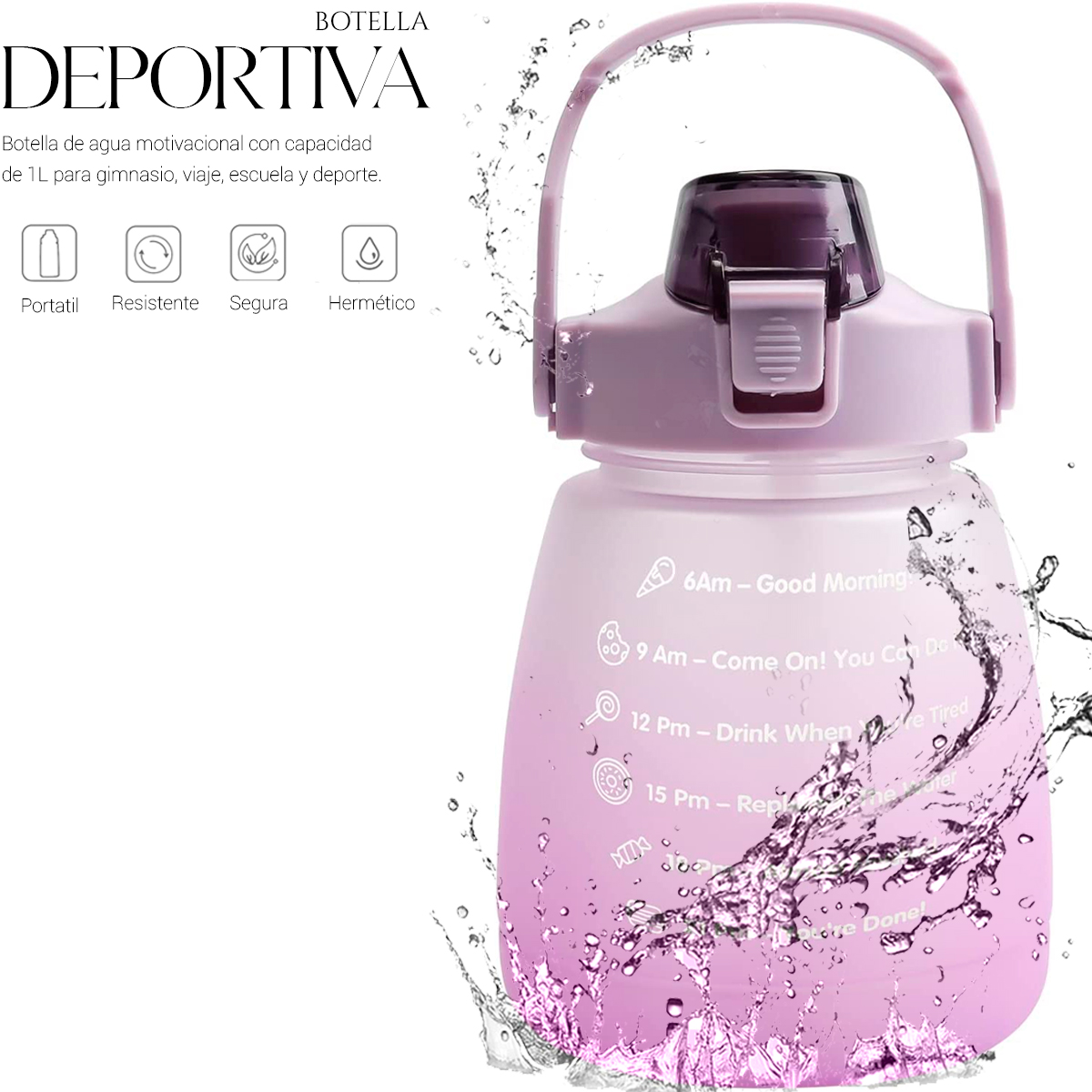 Botella De Agua Deportiva Motivacional 1 Lt Gran Capacidad Morado