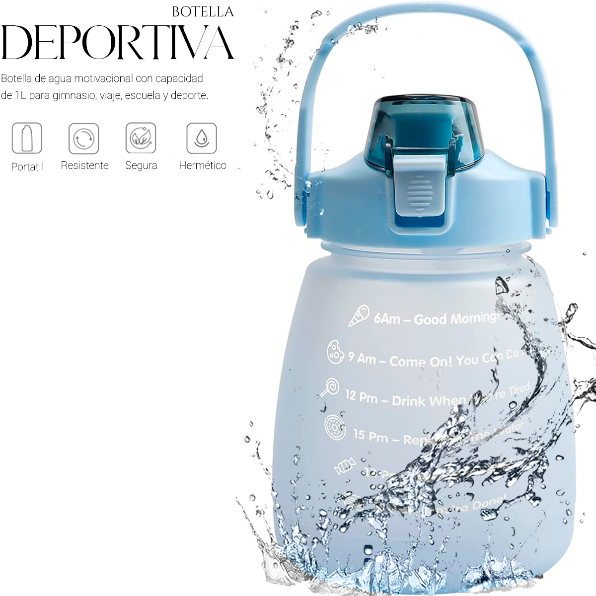 Botella De Agua Deportiva Motivacional 1 Lt Gran Capacidad Azul