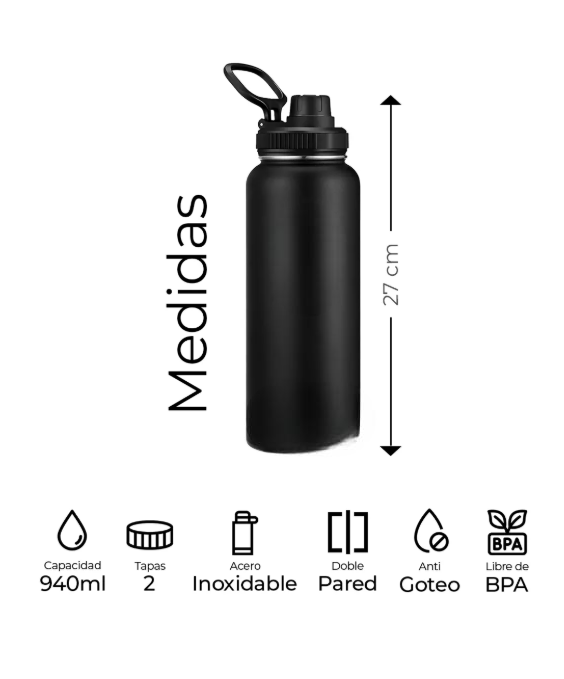 Foto 3 pulgar | Botella Térmica Doble Pared Termo De Acero Inoxidable 940ml Color Negro