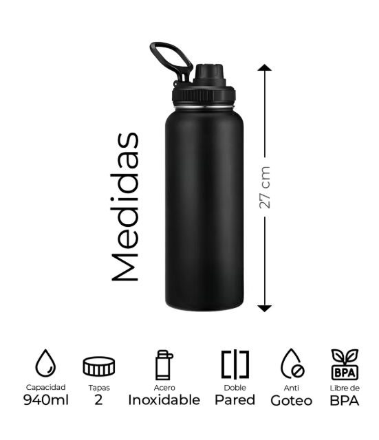 Foto 3 pulgar | Botella Térmica Doble Pared Termo De Acero Inoxidable 940ml Color Negro