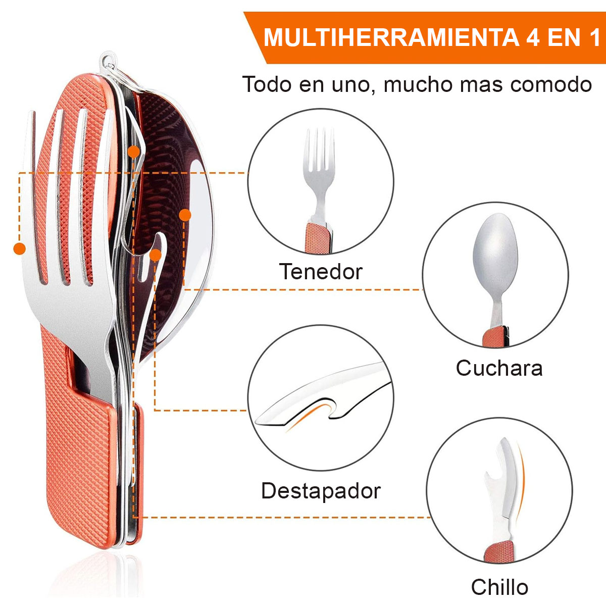 Foto 3 pulgar | Cubiertos Plegables Para Camping Tactiles 4en1 En Acero Inoxidable Tenedor, Cuchillo, Cuchara, Abrebotellas Con Estuche