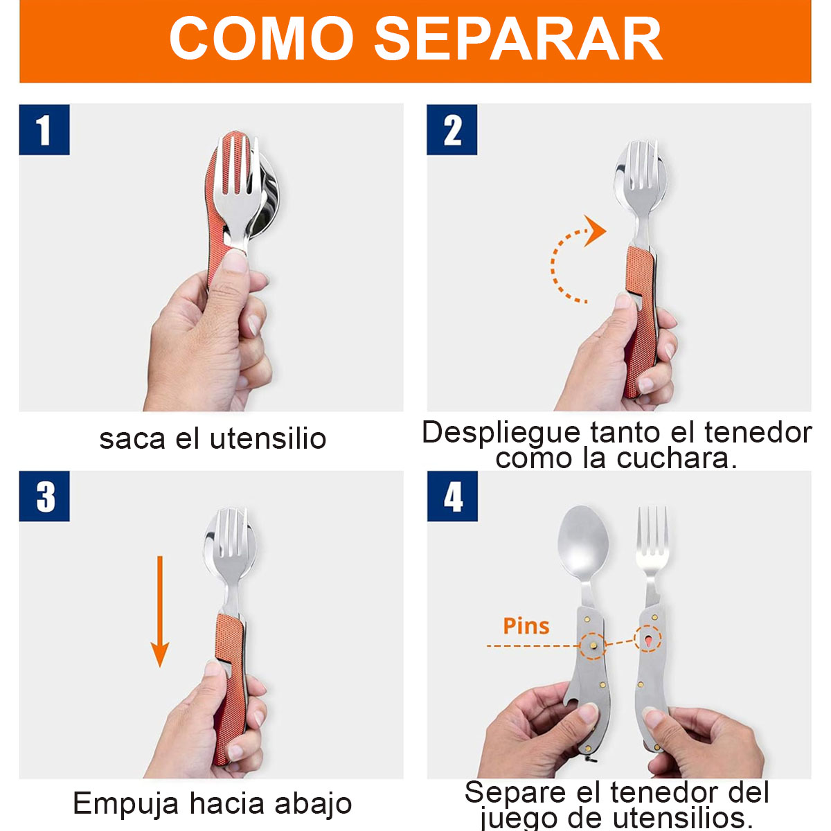 Foto 5 pulgar | Cubiertos Plegables Para Camping Tactiles 4en1 En Acero Inoxidable Tenedor, Cuchillo, Cuchara, Abrebotellas Con Estuche