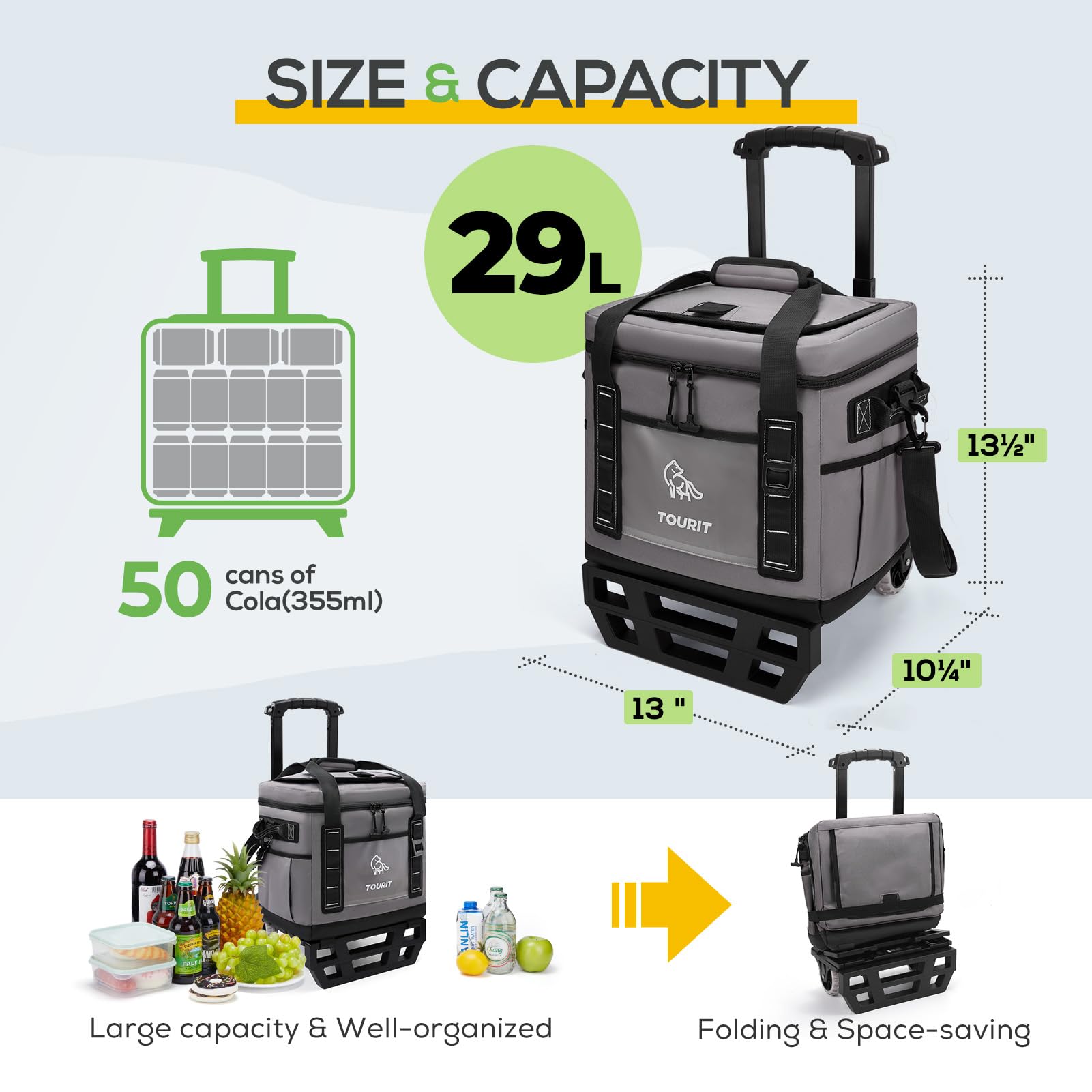 Foto 2 | Hielera Portátil Tourit De 29 Litros Con Capacidad Para 50 Latas Y Ruedas - Venta Internacional.