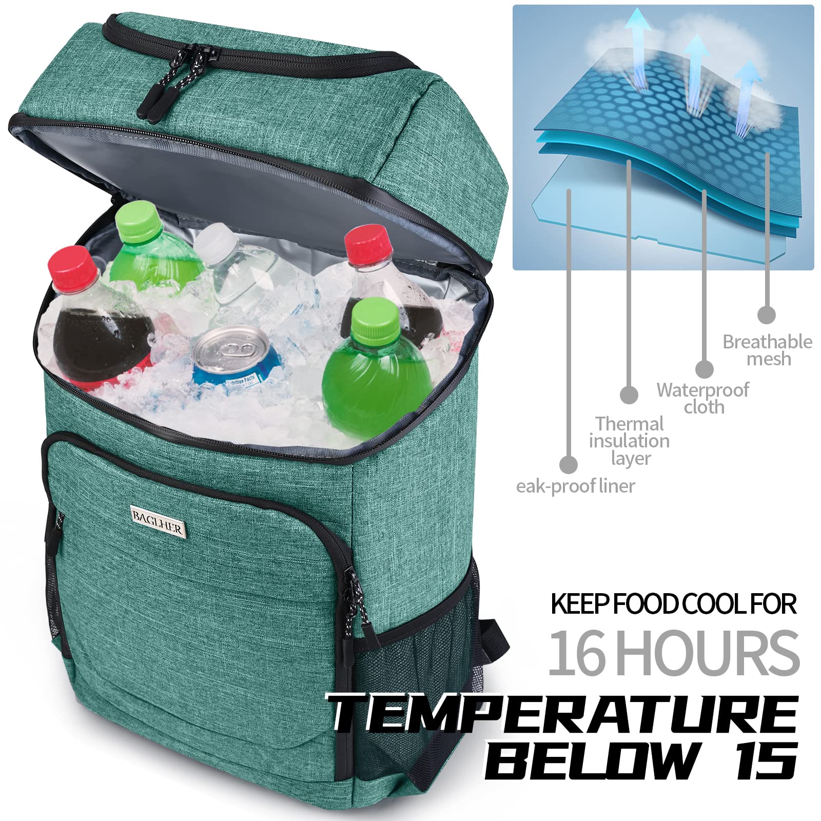 Foto 5 | Mochila Térmica Baglher Para 30 Latas, Aislante, A Prueba De Fugas, Color Verde - Venta Internacional.