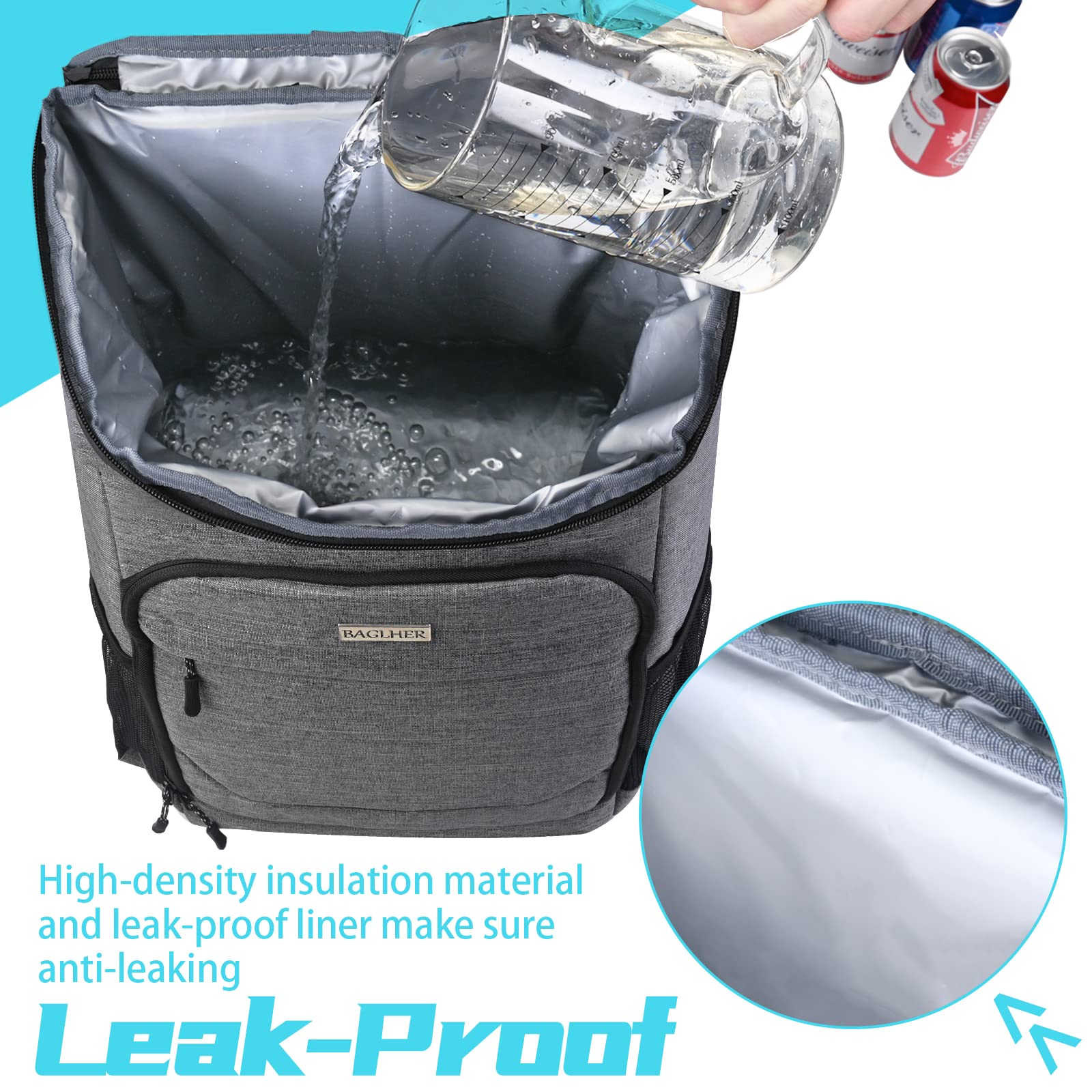 Foto 4 | Mochila Térmica Baglher Para 30 Latas, Aislante, A Prueba De Fugas, Color Gris - Venta Internacional.