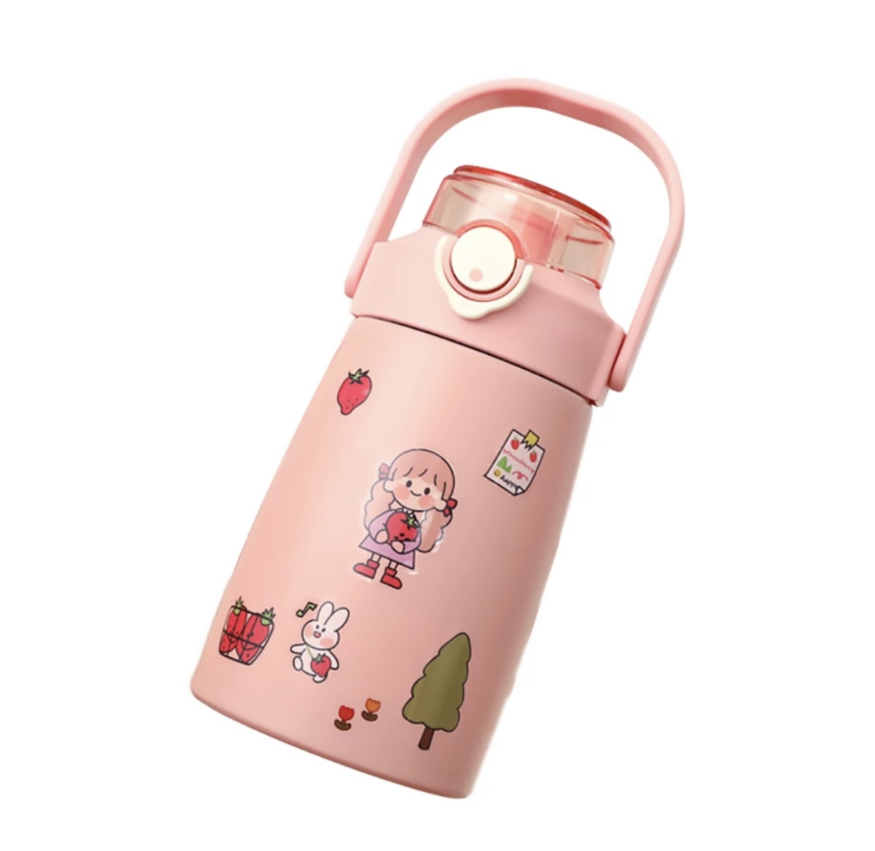 Foto 2 pulgar | Termo Kawaii De 750ml Con Popote Estampas Y Charms Resistente Rosa