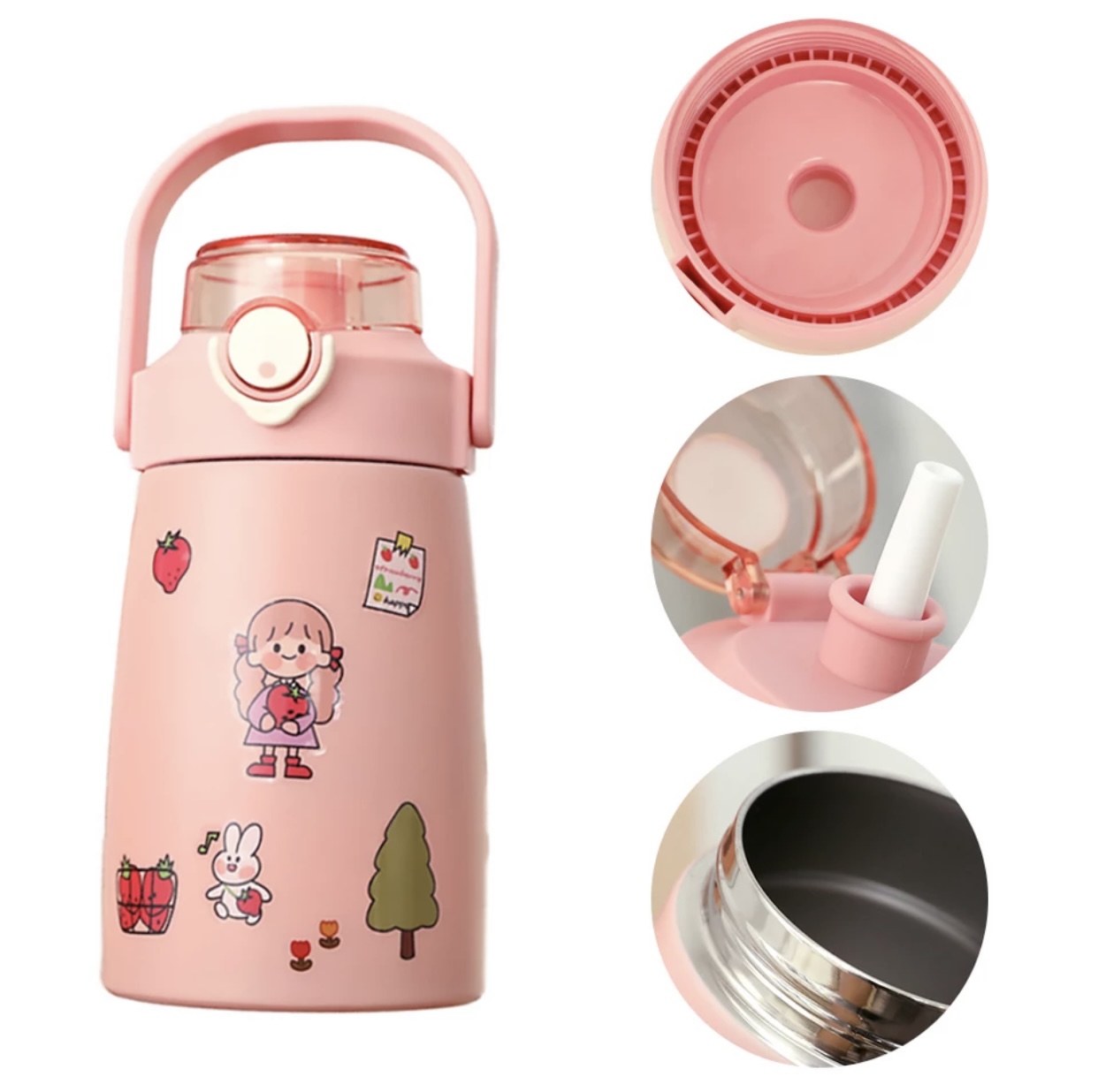 Foto 5 pulgar | Termo Kawaii De 750ml Con Popote Estampas Y Charms Resistente Rosa