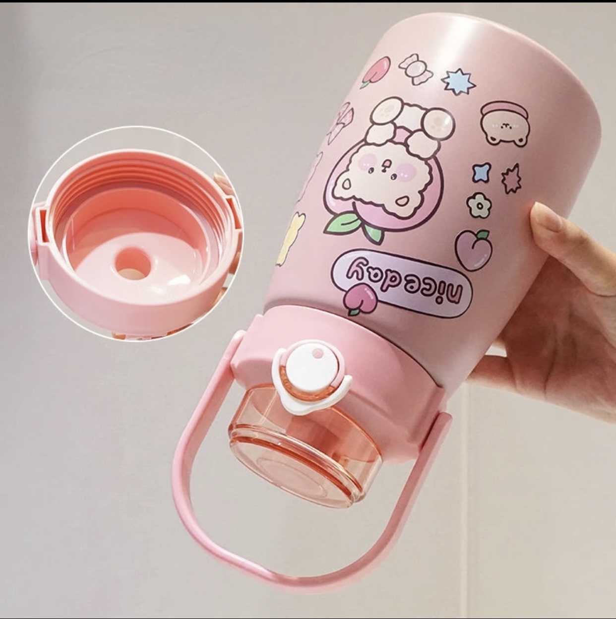 Foto 8 pulgar | Termo Kawaii De 750ml Con Popote Estampas Y Charms Resistente Rosa