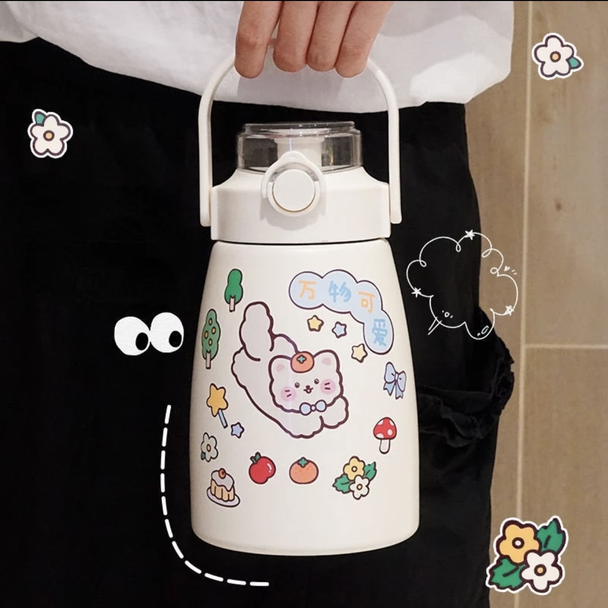 Foto 4 pulgar | Termo Kawaii De 750ml Con Popote Estampas Y Charms Resistente