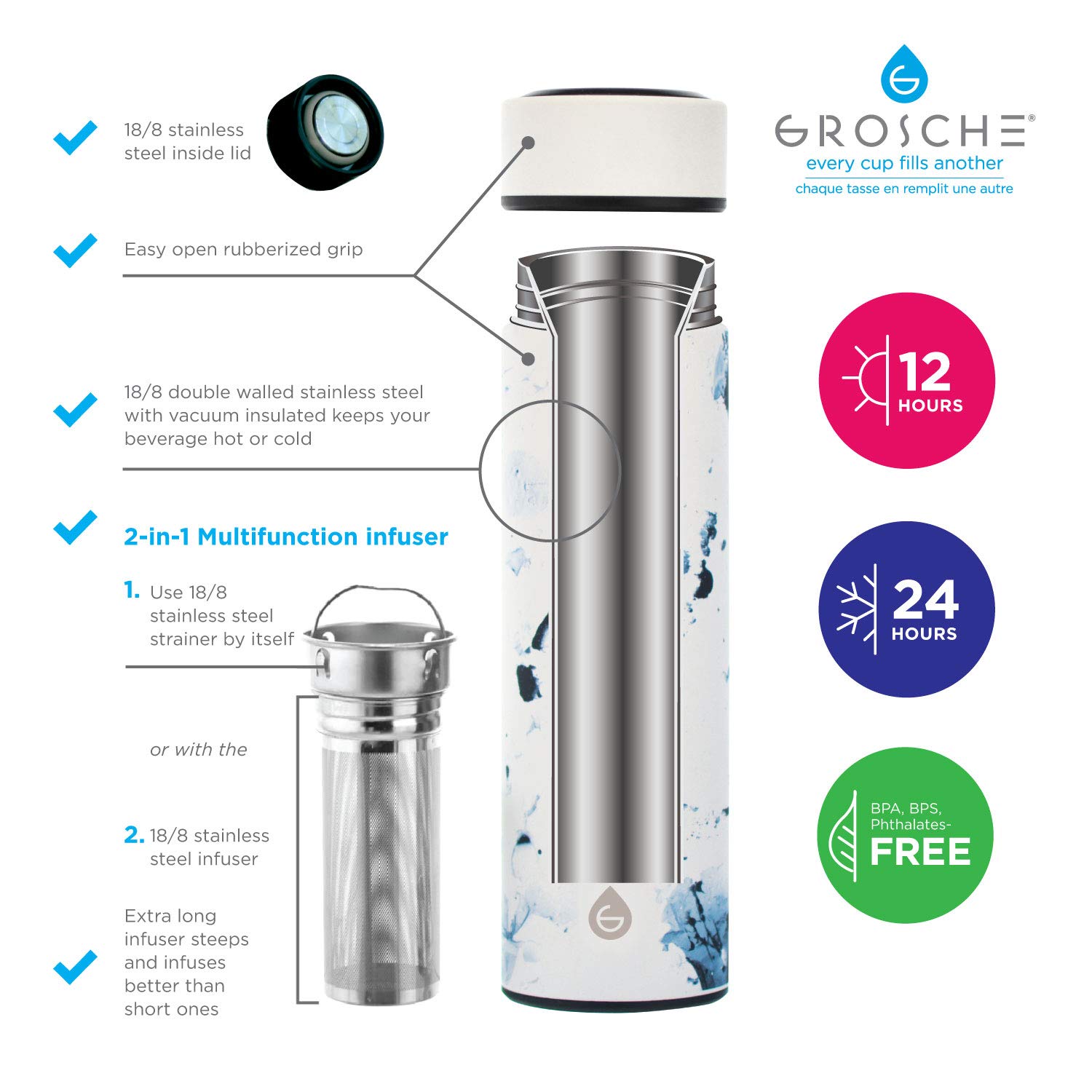 Foto 3 pulgar | Infusor de Viaje Thermos Grosche Chicago 450 Ml Mármol Blanco - Venta Internacional