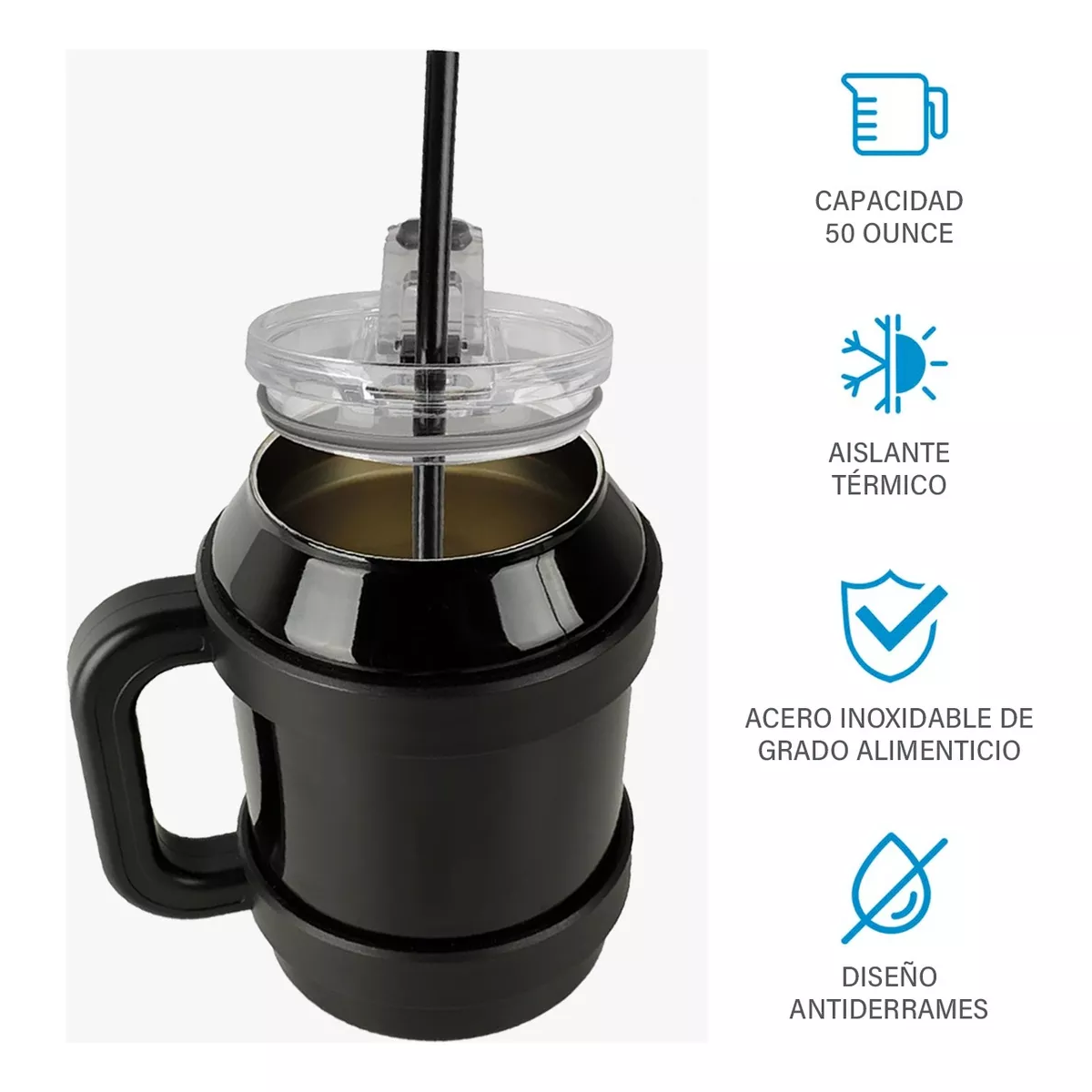 Foto 3 pulgar | Vaso Térmico de Acero Inoxidable Negro de 50 oz con Popote y Asa