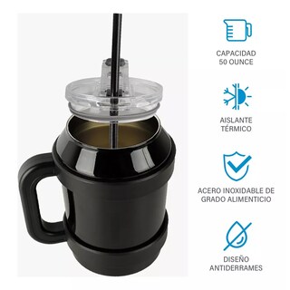 Foto 2 | Vaso Térmico de Acero Inoxidable Negro de 50 oz con Popote y Asa