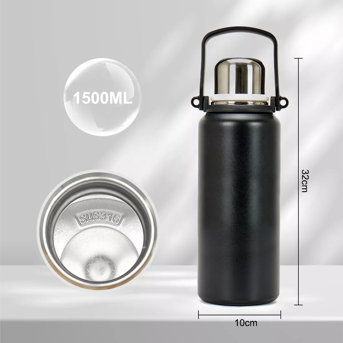 Foto 3 pulgar | Termo de Acero Inoxidable Negro de 1500 ml con Tapa a Prueba de Fugas y Asa