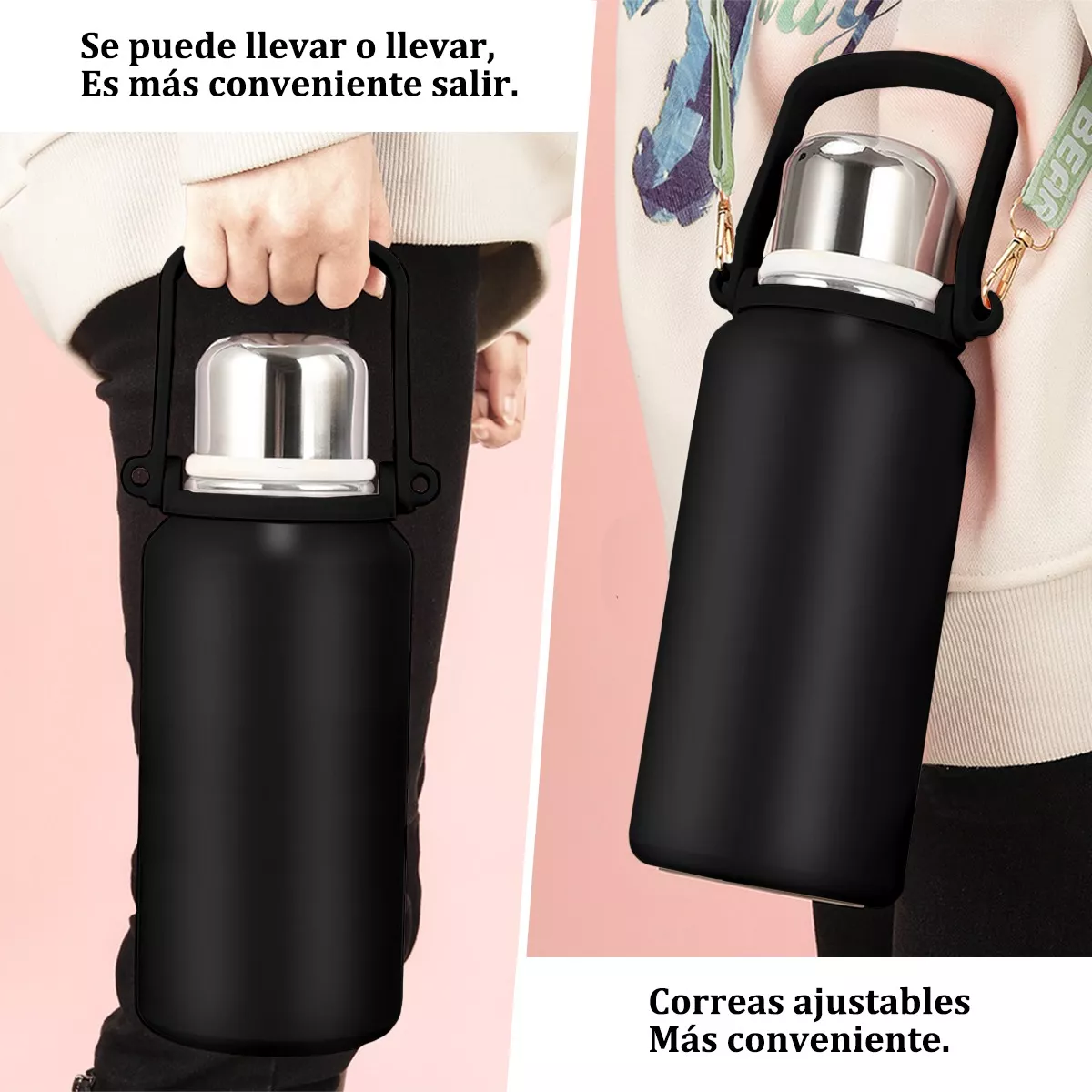 Foto 4 pulgar | Termo de Acero Inoxidable Negro de 1500 ml con Tapa a Prueba de Fugas y Asa
