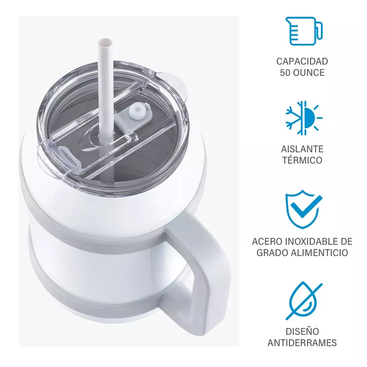 Foto 3 pulgar | Vaso Térmico de Acero Inoxidable Blanco 50 Oz con Popote y Asa
