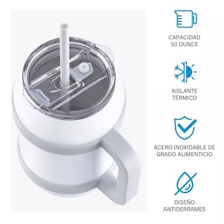 Foto 2 | Vaso Térmico de Acero Inoxidable Blanco 50 Oz con Popote y Asa