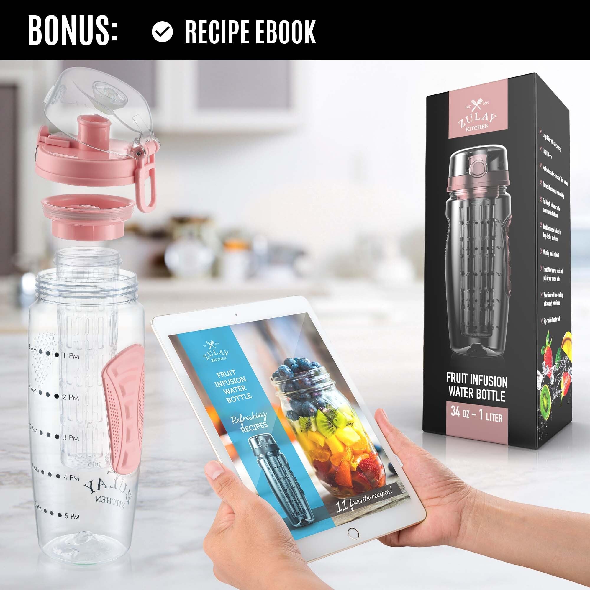 Foto 4 pulgar | Botella De Agua Zulay De 1 Litro Con Infusor De Fruta, A Prueba De Fugas, Color Rosa - Venta Internacional.