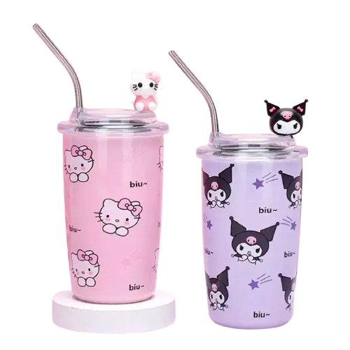 Paquete 2x1 Vaso Térmico 450ml Con Popote Acero Inoxidable Diseño De Personajes De Sanrio