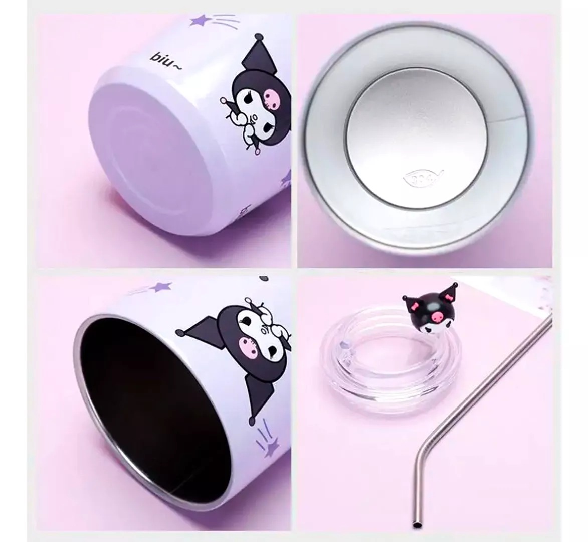 Foto 3 pulgar | Paquete 2x1 Vaso Térmico 450ml Con Popote Acero Inoxidable Diseño De Personajes De Sanrio