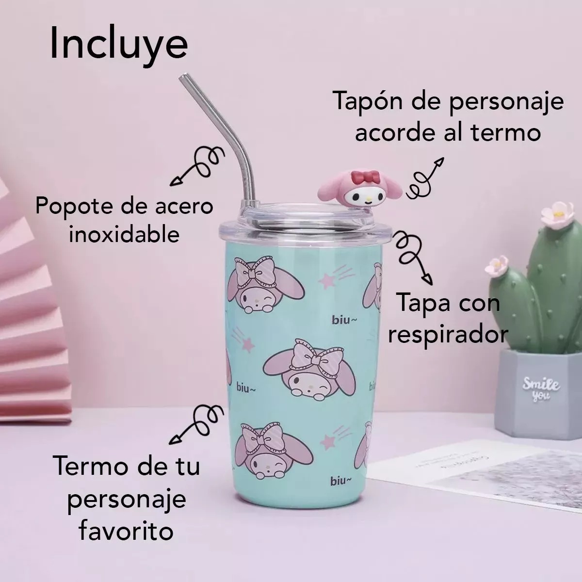 Foto 5 pulgar | Paquete 2x1 Vaso Térmico 450ml Con Popote Acero Inoxidable Diseño De Personajes De Sanrio