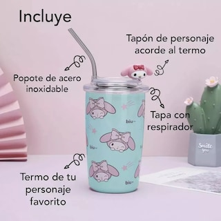 Foto 4 | Paquete 2x1 Vaso Térmico 450ml Con Popote Acero Inoxidable Diseño De Personajes De Sanrio