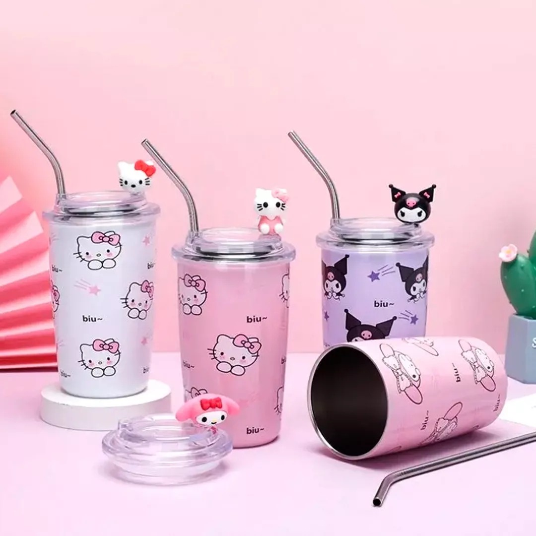 Foto 6 pulgar | Paquete 2x1 Vaso Térmico 450ml Con Popote Acero Inoxidable Diseño De Personajes De Sanrio