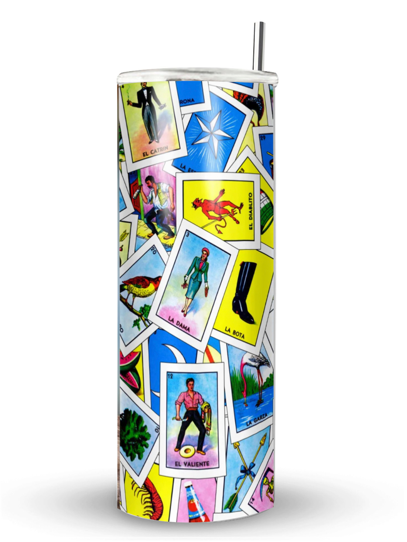 Termo Skinny De Acero Popote 600ml Lotería Mexicana Mod.g94