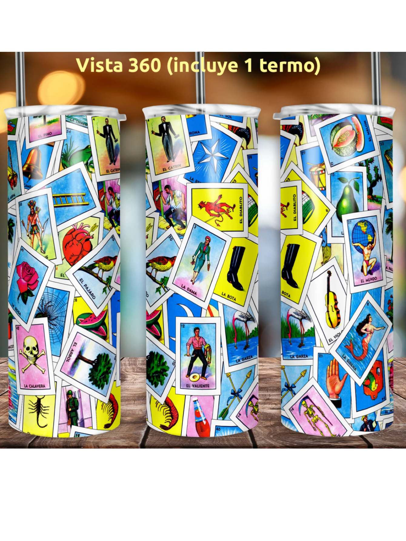 Foto 3 pulgar | Termo Skinny De Acero Popote 600ml Lotería Mexicana Mod.g94