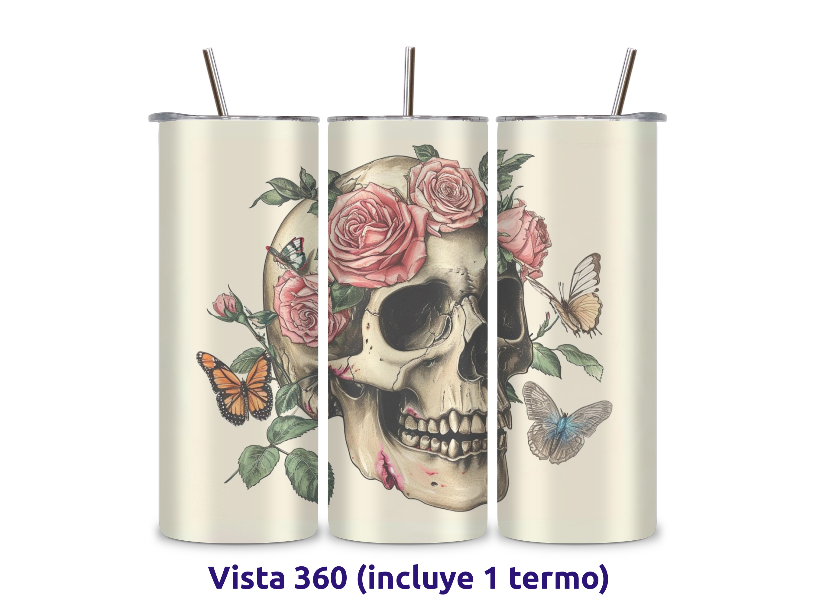 Foto 2 | Termo Skinny De Acero Popote 600ml Calavera Mod.g10