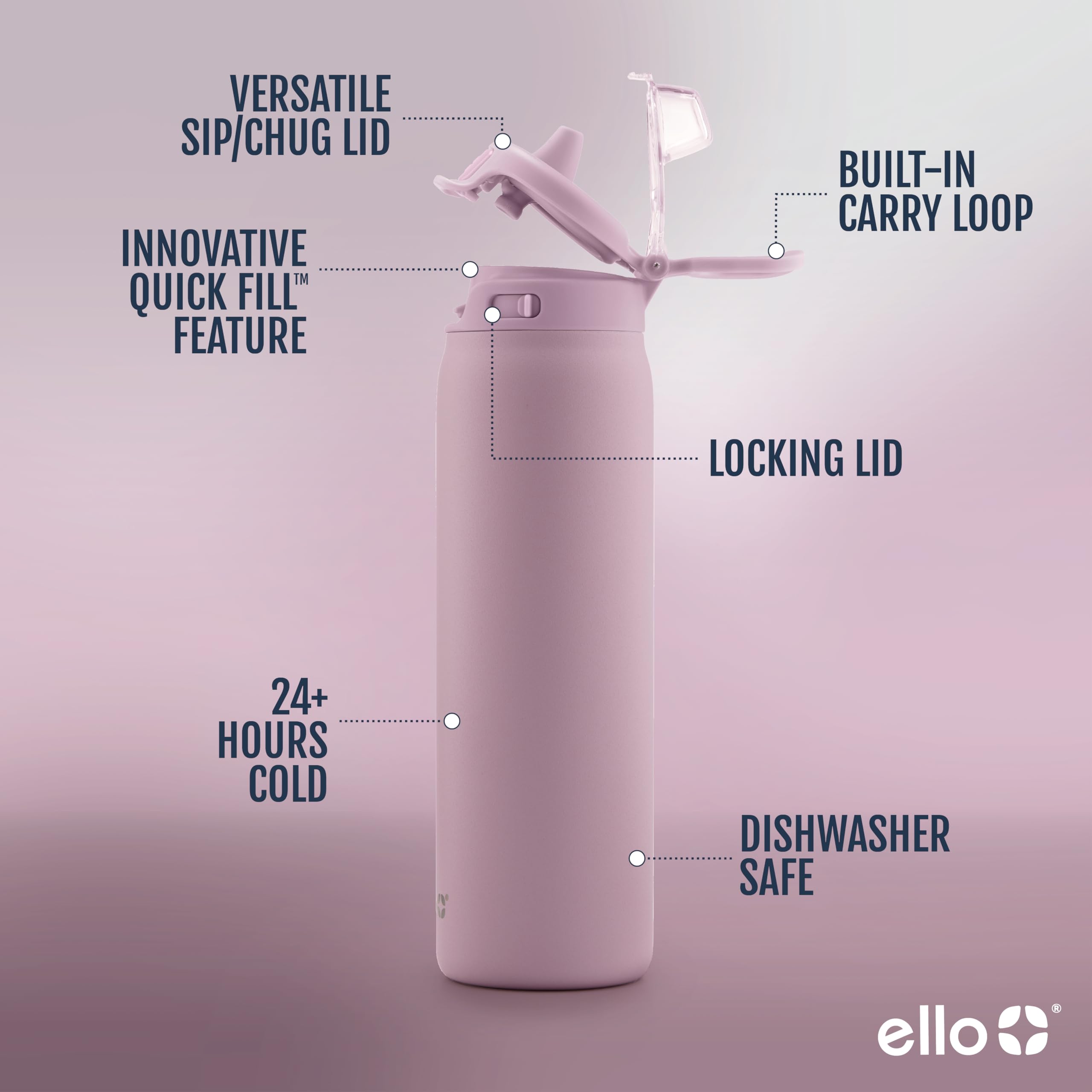 Foto 3 pulgar | Botella De Agua Ello Pop & Fill De Acero Inoxidable, 650 Ml, Color Malva - Venta Internacional.