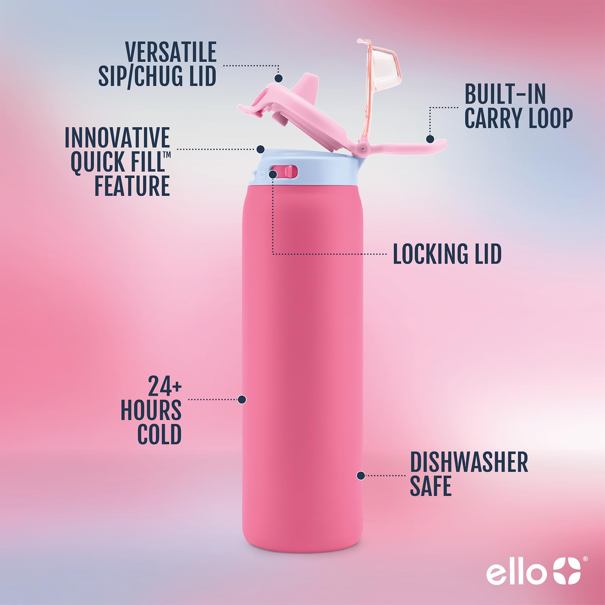 Foto 4 pulgar | Botella De Agua Ello Pop & Fill De Acero Inoxidable, 650 Ml, Color Cereza - Venta Internacional.