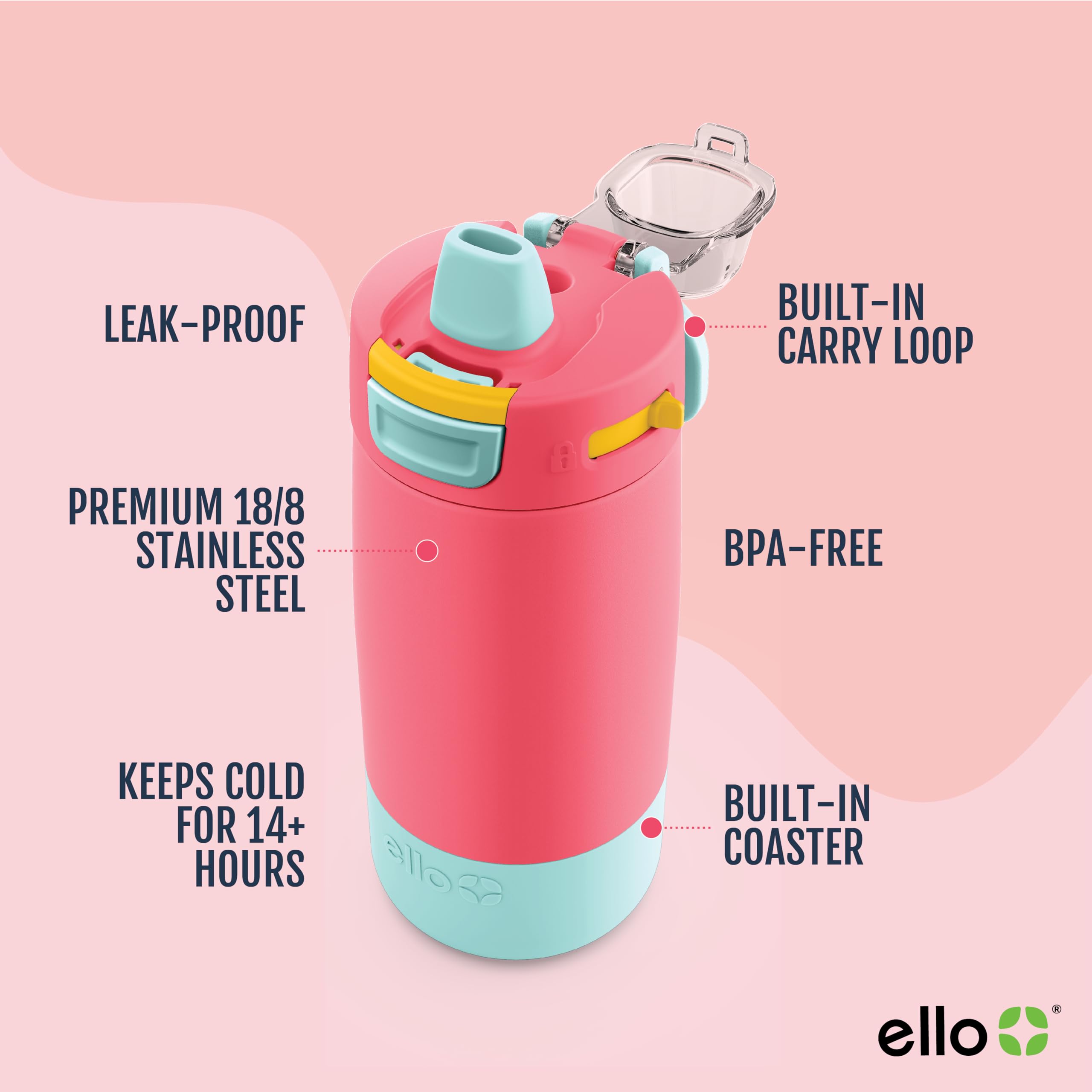 Foto 4 pulgar | Botella De Agua Ello Kids Colby De Acero Inoxidable, 350 Ml, Color Coral - Venta Internacional.