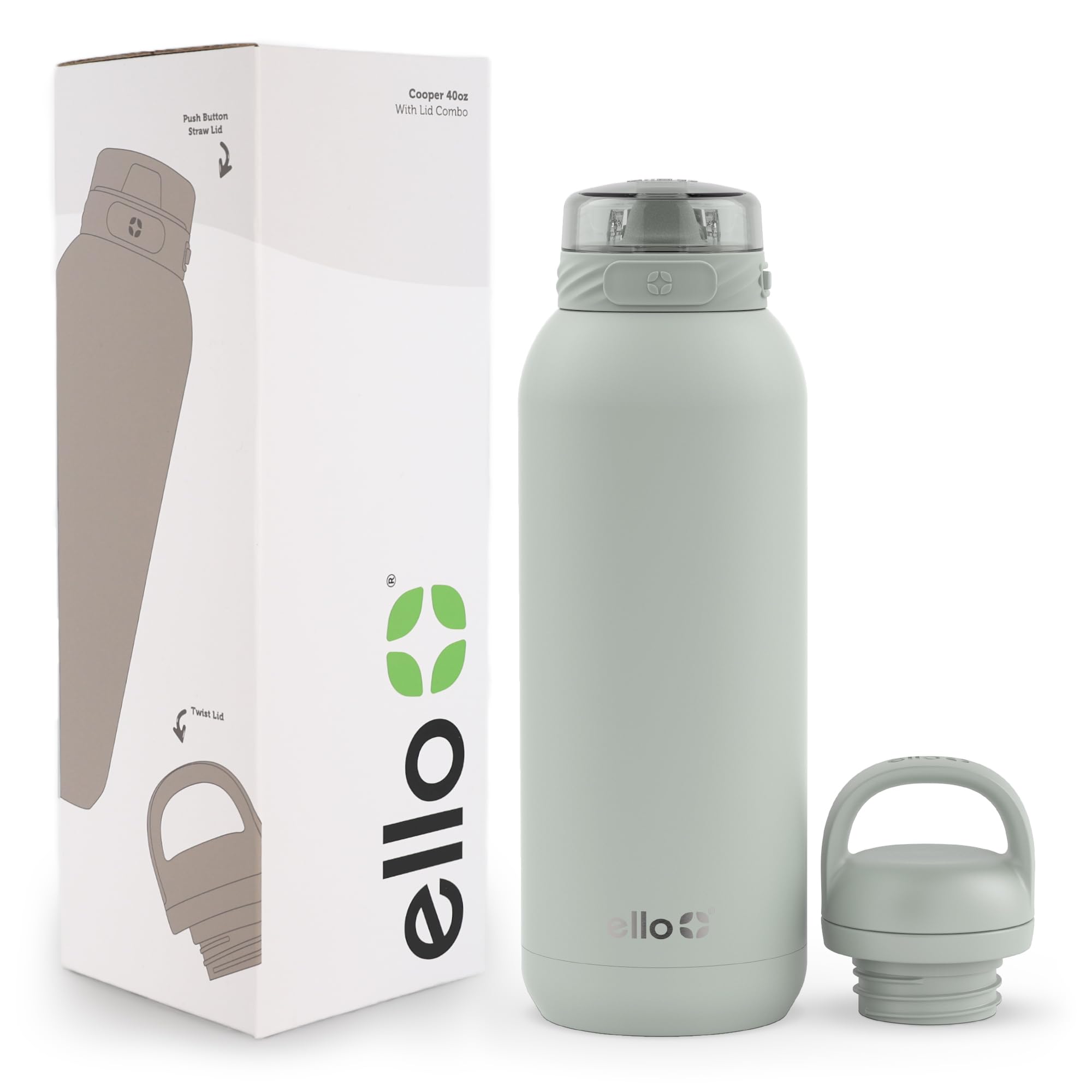 Botella De Agua Ello Cooper De Acero Inoxidable De 1,2 L Con 2 Tapas, Color Salvia - Venta Internacional.