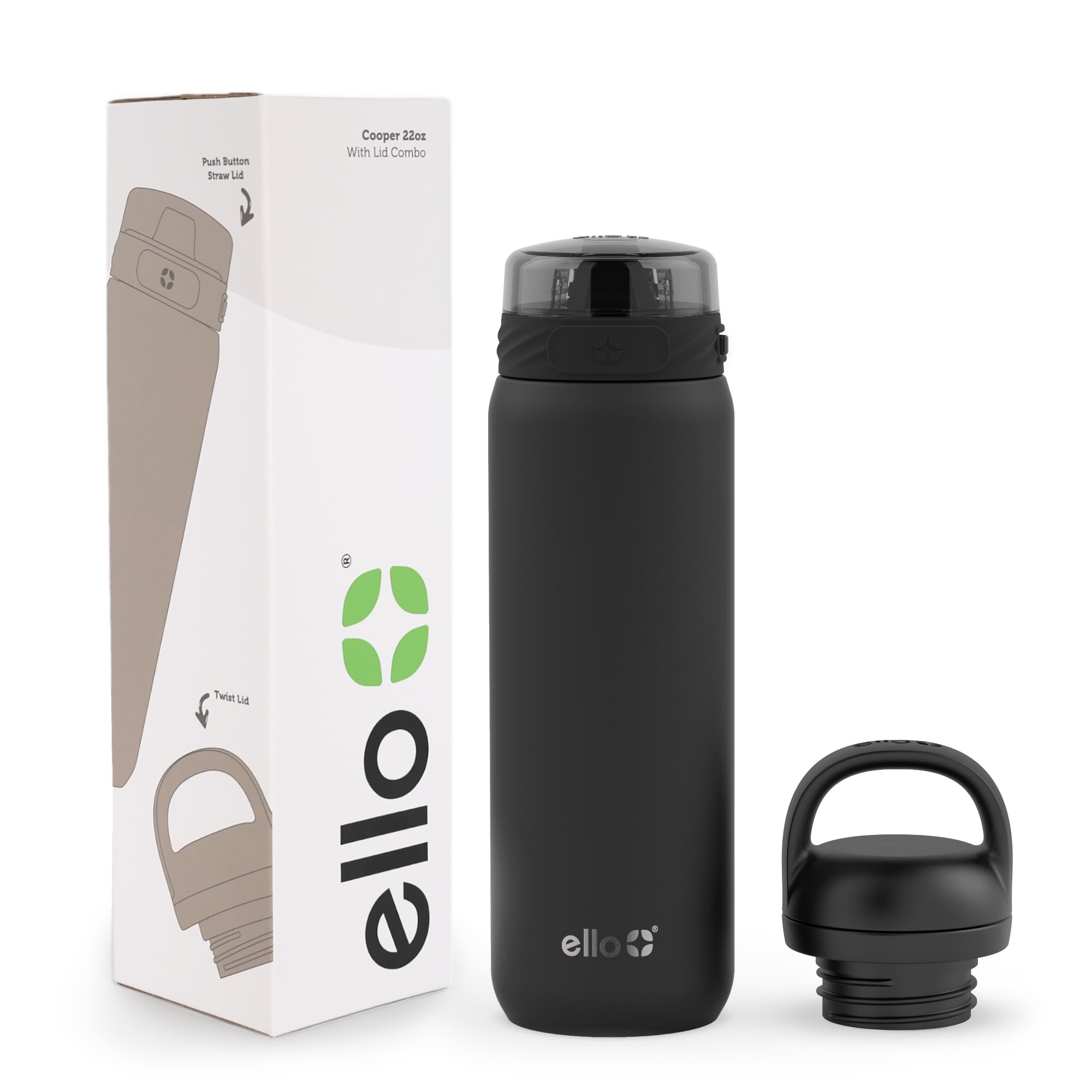 Botella De Agua Ello Cooper De Acero Inoxidable De 650 Ml Con 2 Tapas, Color Negro - Venta Internacional.