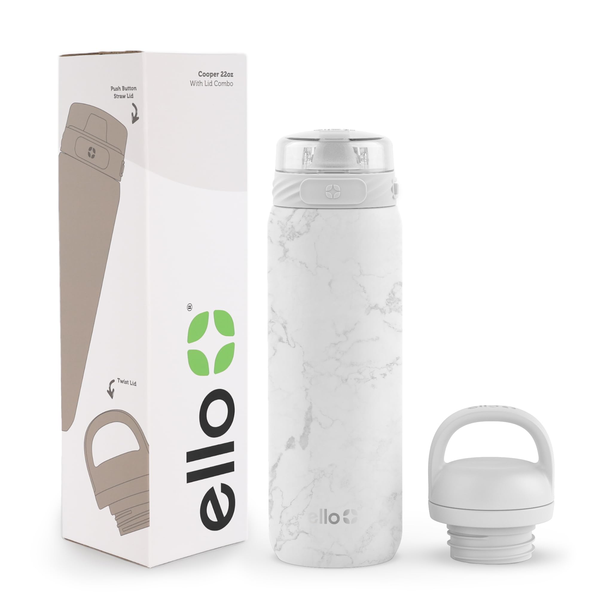 Botella De Agua Ello Cooper, 650 Ml, Acero Inoxidable, Mármol Blanco - Venta Internacional.
