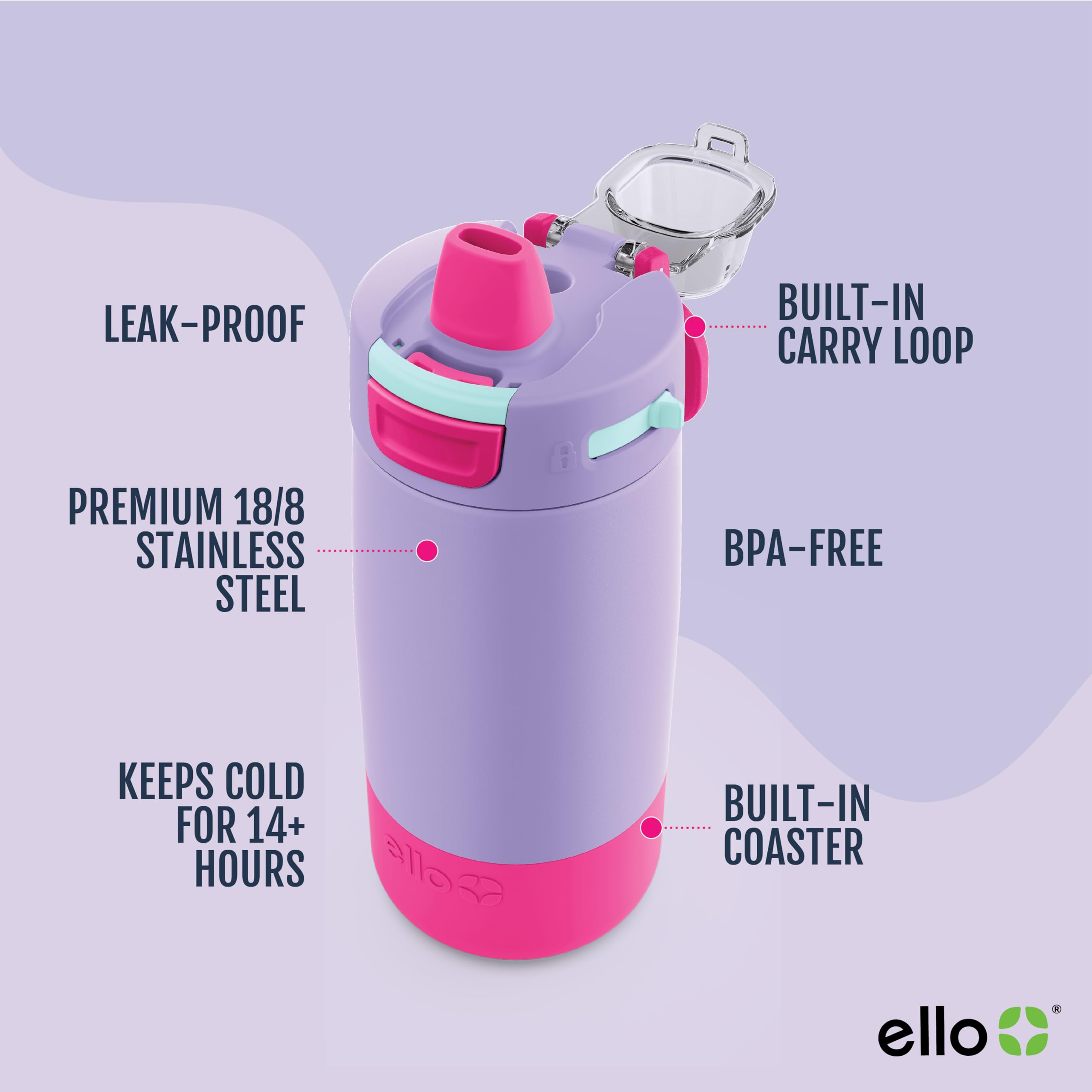 Foto 4 pulgar | Botella De Agua Ello Kids Colby De Acero Inoxidable, 350 Ml, Color Lila - Venta Internacional.
