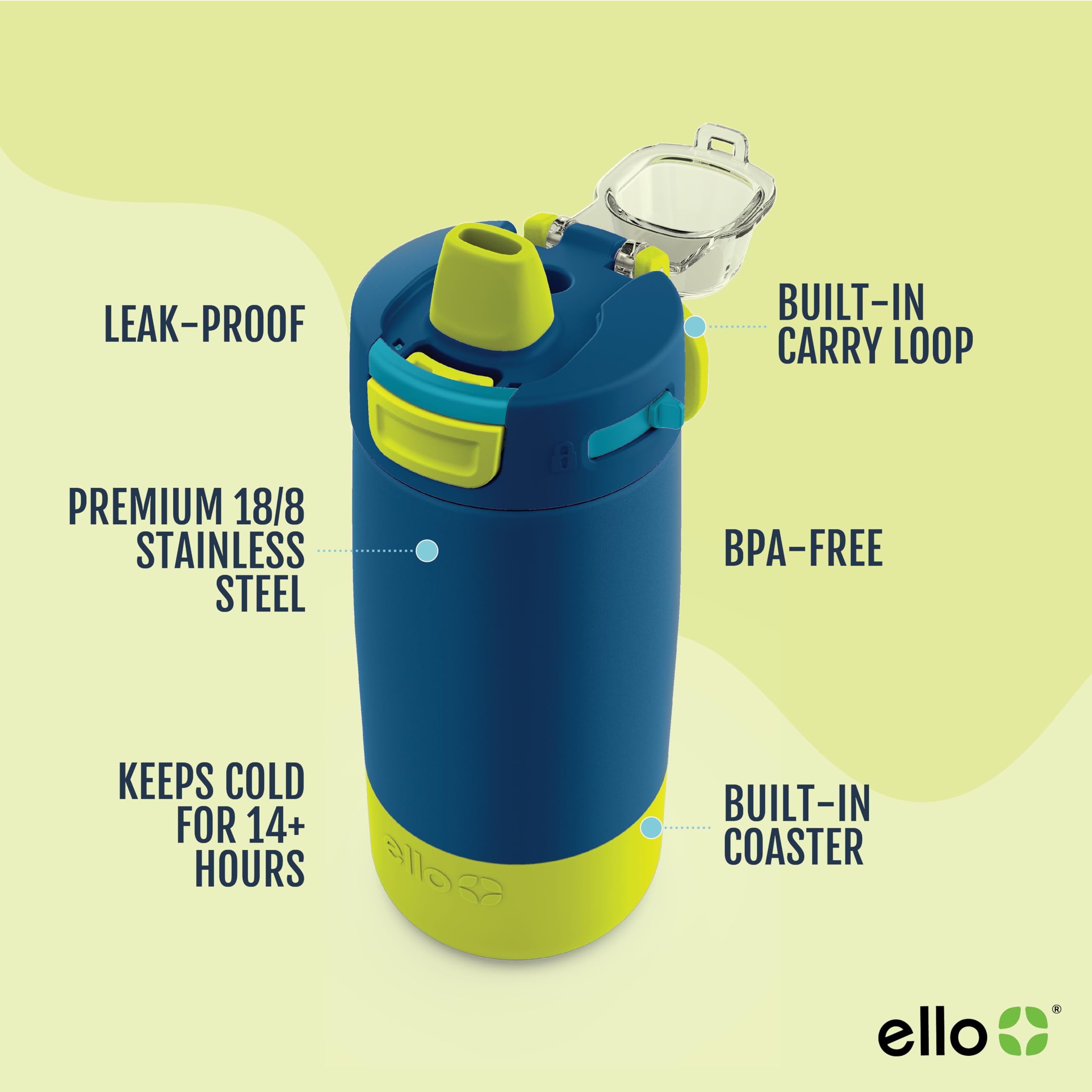 Foto 2 | Botella De Agua Ello Kids Colby De Acero Inoxidable, 350 Ml, Color Verde Azulado - Venta Internacional.