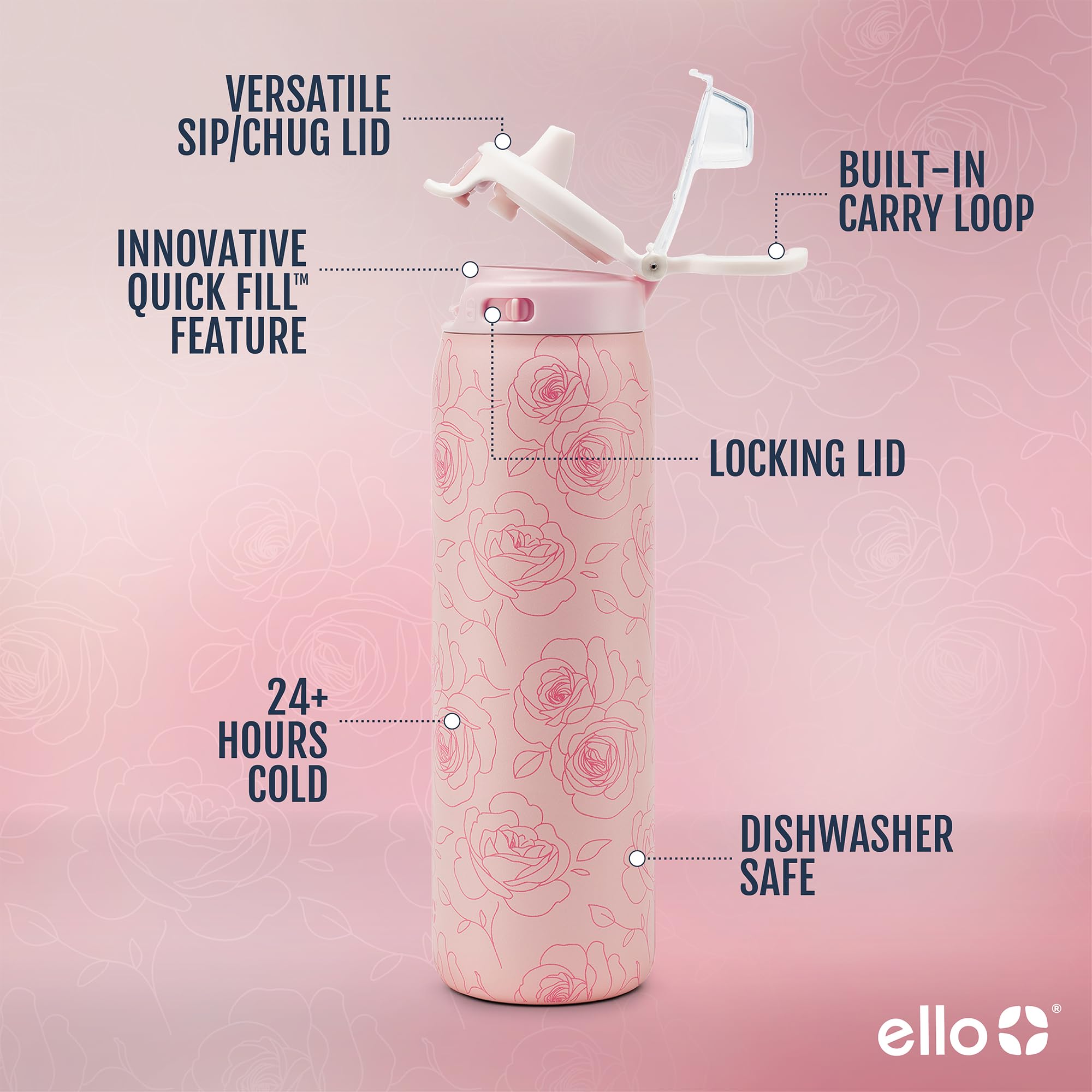 Foto 4 pulgar | Botella De Agua Ello Pop & Fill De Acero Inoxidable Con Forma De Rosas De 650 Ml - Venta Internacional.